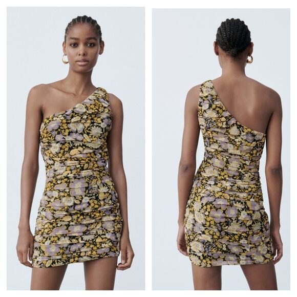 Zara Floral Ruched One Shoulder Mini Dress  - Picture 1 of 5